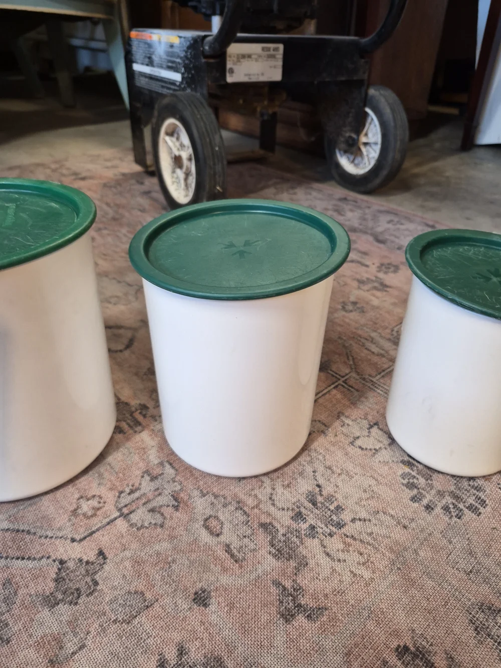 Tupperware White Canister Set with Green Lids Vintage - 4 Piece Touch Close